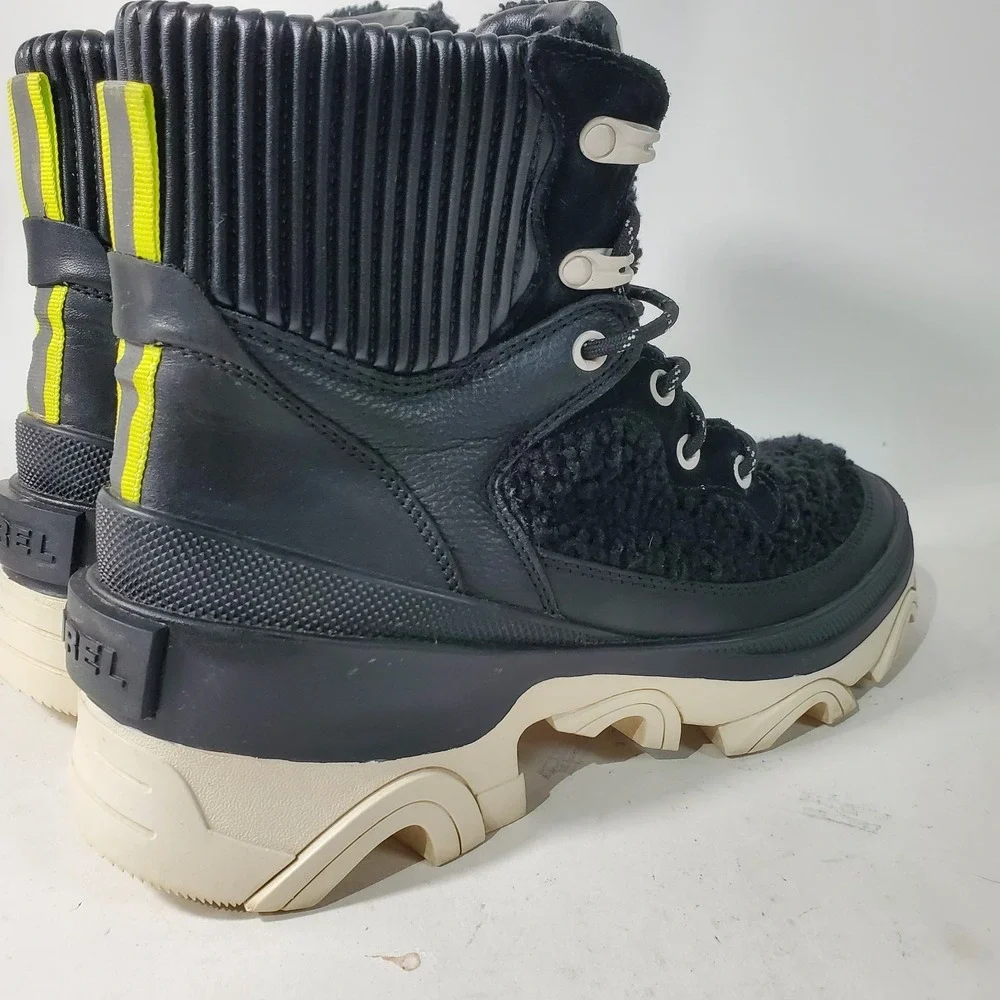 Sorel Boots Womens 9.5 Black White Shearling Brex Cozy Chunky Heel Lug Sole
